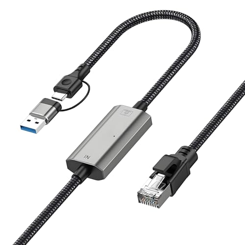 DERSUR USB C to Ethernet Adapter 4FT, 2in1 USB-C/USB 3.0 to RJ45 Gigabit LAN Network Cord, 1000Mbps Directly Connected, Ethernet Cable Type C Compatible for MacBook Pro,iPad Pro,Smartphone and More