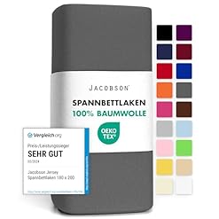 Jacobson Jersey Spannbettlaken Spannbetttuch Baumwolle Bettlaken (180×200-200×200 cm, Anthrazit)