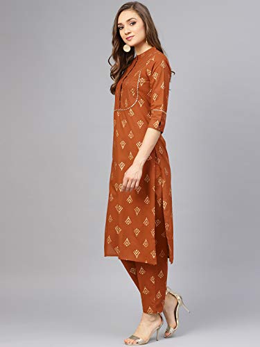 Image of Idalia Mustard Brown Straight Cotton Indian Kurta Set for Women