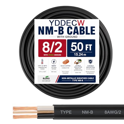 YDDECW 8/2 NM-B Wire with Ground - 50FT 8 Gauge Non-Metallic Sheathed Cable Pure Copper 8 AWG 2 Conductor Residential Indoor Wire for Outlets Switches and Other Loads etc.