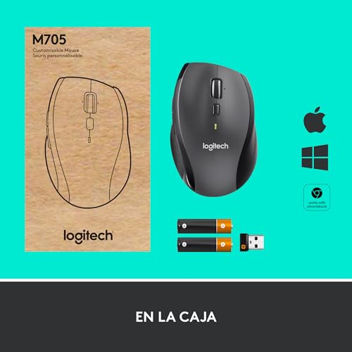 Logitech M705 Marathon Ratón inalámbrico, Receptor Unificador USB de 2,4 GHz, 1000 dpi, 5 Botones Programables, Batería de 3 años, Compatible con PC, Mac, Portátil, Chromebook - Negro
