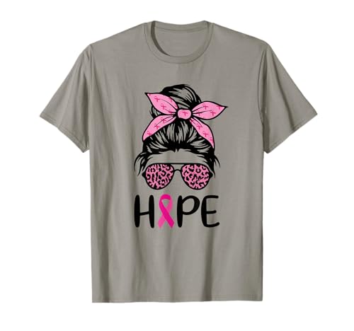 Hope Messy Bun Leopard Pink Ribbon Breast Cancer Awareness T-Shirt