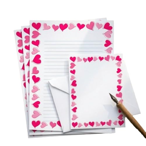 Pink Hearts Eco-Friendly Writing Paper and Envelopes Set – A5 Recycled Stationery for Romantic Letters & Anniversaries – 100gsm FSC Certified – Lined or Plain – Made in UK – Love Heart Stationery Gift