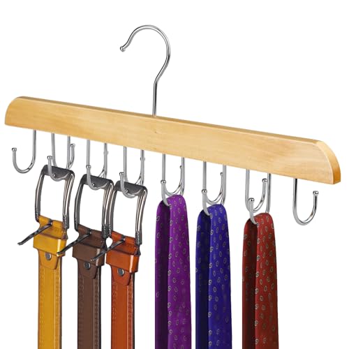ASTIMESA Solid Wood Belt Hanger for Closet, 14 Hooks Belt Organizer Space Saver, 360° Rotating Belt Holder Tie Rack for Men Women Dorm Bra Purse Scarf Tank Top Storage Accessories (Beige)