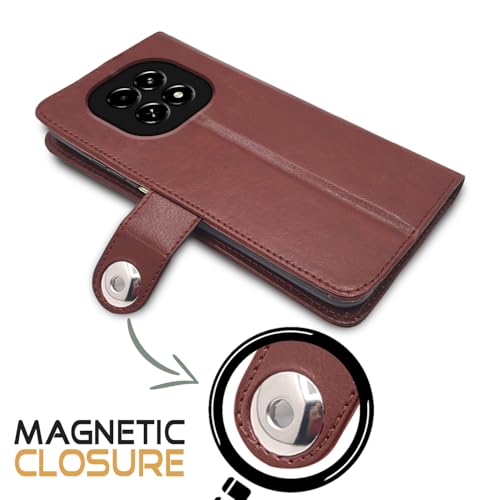 Image of Pikkme Flip Cover Leather Finish | Inside TPU with Card Pockets | Wallet Stand and Shock Proof | Complete Protection Button Flip Case for Realme C63 5G (Brown)