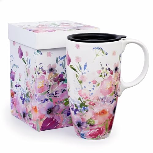 Topadorn Tasses de voyage en céramique en porcelaine avec boîte cadeau, 500 ml, jardin rose