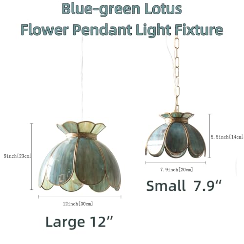 Image of Brass Glass Ceiling Pendant Light, Hanging Chain lamp, with Vintage Lotus Flower Blue Green Glass Shade for Kitchen Island Dining Room Bedroom Living Room-7.9 inch Shade