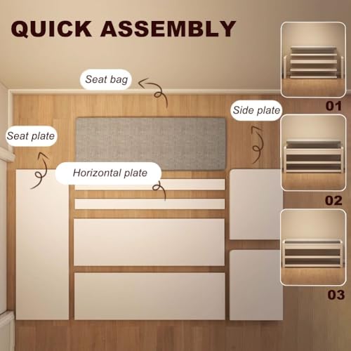 Panca da ingresso in legno con seduta imbottita e scarpiera, elegante mobile Halay per camera da letto e soggiorno, soluzione di archiviazione bianca