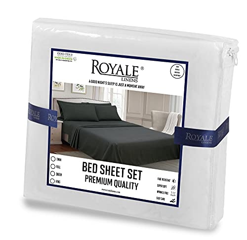 Royale Linens - 4 Piece Queen Bed Sheet - Soft Brushed Microfiber 1800 Bedding Set - 1 Fitted Sheet, 1 Flat Sheet, 2 Pillow Case - Wrinkle & Fade Resistant Luxury Queen Size Sheet Set (Queen, White) #TOP6