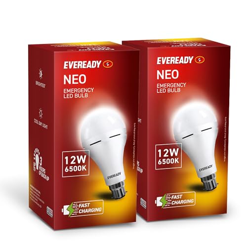 Eveready 12W B22D Emergency Inverter LED Bulb| Cool Day Light (6500K) | Energy Efficient | 4 Hour Battery Backup | Li-on Battery Inside (2) Eveready 12W B22D Emergency Inverter LED Bulb| Cool Day Light (6500K) | Energy Efficient | 4 Hour Battery Backup | Li-on Battery Inside (2)