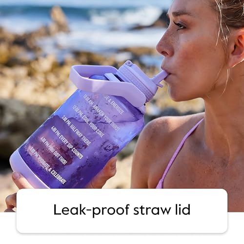 Image of Takeya Motivational Water Bottle with Straw Lid and Time Marker (64 oz, Cloud White) - Leakproof, BPA Free Water Bottle for Daily Intake Tracking