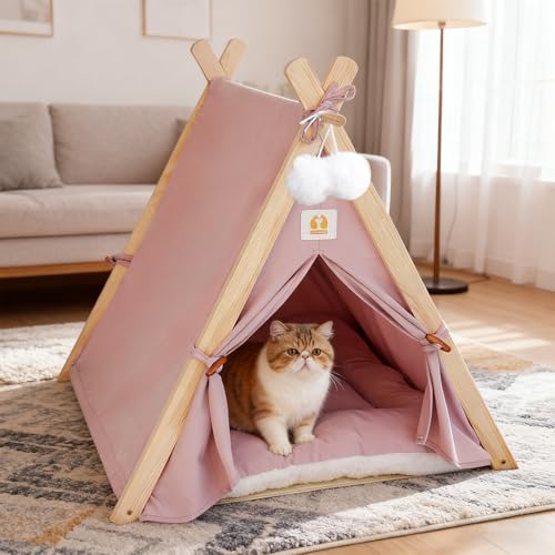 PETCUTE Tienda Tipi para Gatos, Gatitos y Perros Pequeños, Tienda Plegables para Perros con Estructura Triangular de Madera y Cojín Extraíble, Acogedora Caseta Interior para Gatos,Rosa