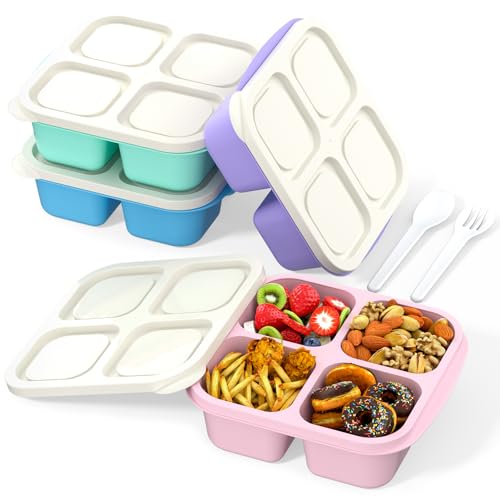 Image of RGNEIN Bento Lunch Box for Kids (4 Pack) - 4-Compartment Salad Container for Lunch, Reusable BPA-Free Food Prep Containers, Snack Container for School, Work, and Travel (White Lid)