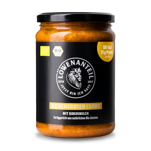 Löwenanteil - 100% Bio-KICHERERBSEN CURRY - 570g Glas - Proteinreiches Bio-Fertiggericht mit cremiger Kokosmilch & intensiver Curry-Note - Eintopf ohne Zuckerzusatz & Glutenfrei
