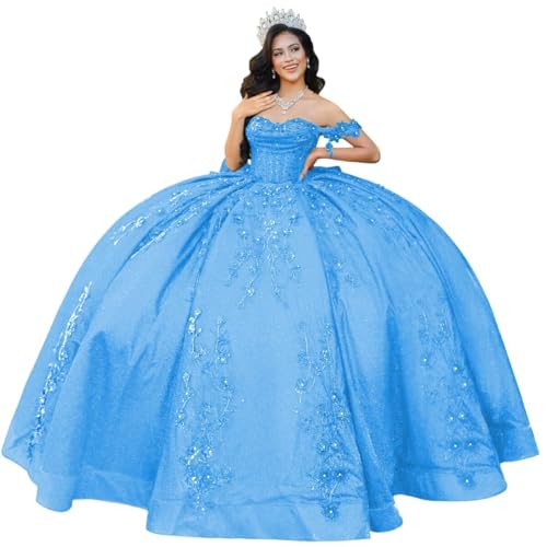Ftupza Floral Quinceanera Dress with Detachable Bow Lace Appliques Tulle Ball Gown Beaded Off Shoulder Sweet 16 Dress
