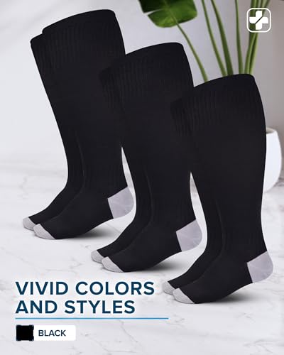 Doctor's Select 3 Pairs Plus Size Compression Socks Wide Calf | Bamboo Viscose Knee High Extra Wide Calf Compression Socks Women & Men | Black