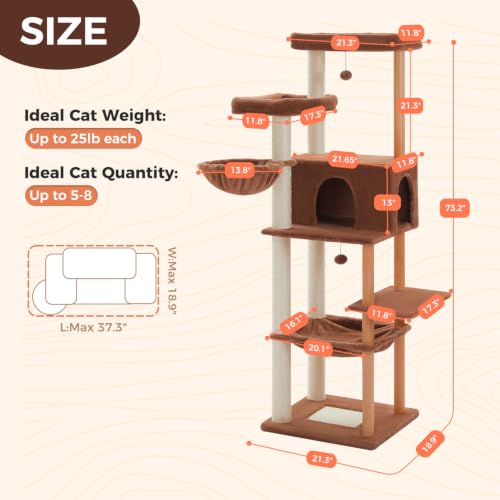 Image of 73 inch Tall Cat Tree for Large Cats, Wooden Cat Tower with Solid Posts | Wooden Cat Tree Tower with Fully Sisal Covered Scratching Posts, Cat Furniture with Spacious Perch and Cozy Condo, Brown