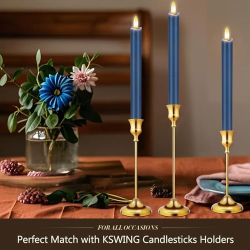 Image of KSWING Upgraded Real Wax LED Flameless Navy Blue Taper Candles with Remote, 6 PCS Candlesticks Battery Operated 3D Flickering - 9.6 inch Long Realistic Fake Candle Sticks for Home /Wedding /Xmas Deco