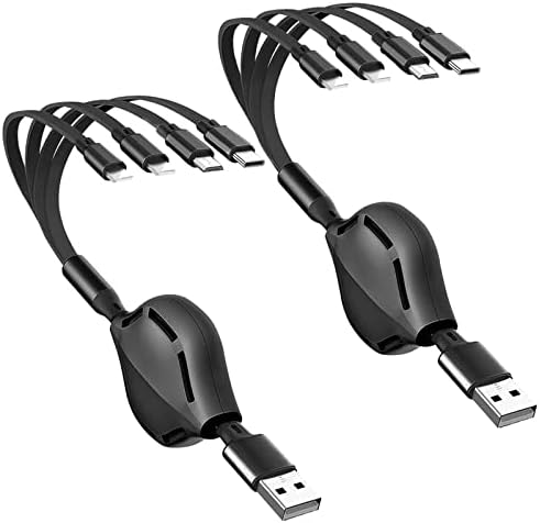 Multi Charging Cable 4 in 1 Retractable Multi Fast Charger Cable Multi Charging Cord USB Cable Adapter with 2 * IP/Type C/Micro USB Port for Cell Phones/IP/Samsung Galaxy/Ps/Huawei/Tablets and More