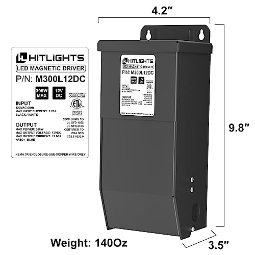 Image of HitLights 300W Magnetic Dimmable LED Driver, 120V AC to 12V DC Transformer
