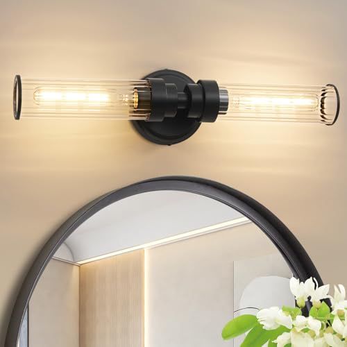 Image of Bathroom Light Fixtures, Black Wall Sconce in Threaded Glass Indoor Vanity Lights, Modern Bathroom Vanity Light Up and Down Sconces Wall Lighting for Bathroom, Living Room - Bulb Not Included