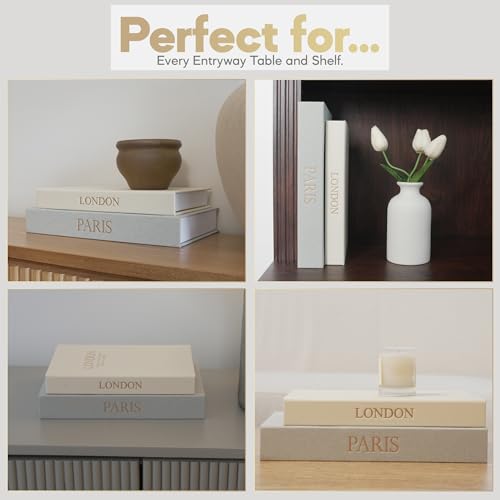 Image of Decorative Books with Storage - Set of 2 Faux Linen Book Boxes with Gold Stamped Covers - Enhance Your Coffee Table, Bookshelf or Mantle Decor - Hidden Storage for Photos, Keepsakes, and Jewelry