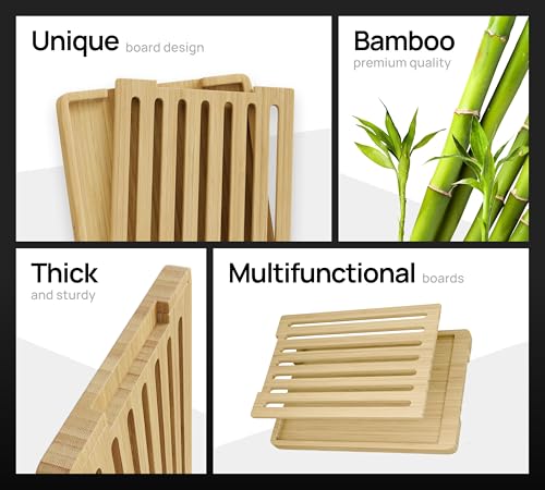 Set de 2 Tablas de Cortar de Bambú Kopcher, 15.6"x10.7"x1", con Ranuras para Jugos y Bandeja Atrapa Migas, Tablas Gruesas para Carne con Mango Antideslizante miniatura 4