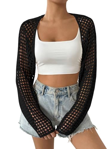 Image of Women's Lightweight Crop Cardigan Crochet Knit Long Sleeve Bolero Shrug Sweater