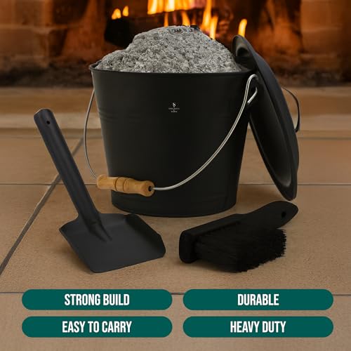 Smedley & York Black Ash Bucket with Lid, Complete Fireplace Tools Set, Includes Pail, Shovel & Broom, 2.15 Gallon Metal Coal Bucket with Accessories, Galvanized Iron Ash-Bucket for Fire Place