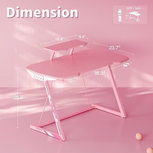 Motpk Pink Gaming Desk 39Inch Z-Shaped Sturdy Gaming Table For Girls, Computer Desk Workstation Home Office Desk With Monitor Stand Cup Holder And Headphone Hook, Gift For Girls Women #TOP4