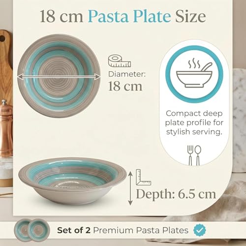 Image of Pasta Bowl Set of 2 | 7 Inch, Deep Soup & Salad Serving Plates | Microwave & Dishwasher Safe Big Bowl | Stylish Kitchen Tableware for Pasta, Soup & Everyday Dining (2, Turquoise-Grey)