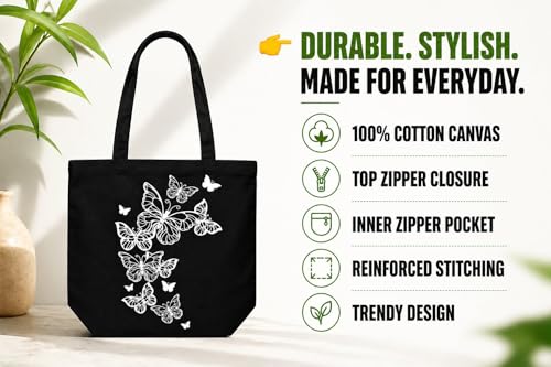 Image of Canvas Tote Bag for Women with Zipper & Pocket(Pack of 1) | Stylish Cotton Handbags for College | Aesthetic Tote Bag for Office, Shopping, Travel, Beach & Daily use
