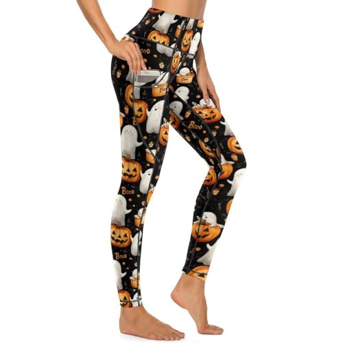 Legging taille haute Halloween avec poches : pantalon de yoga opaque à motif fantôme