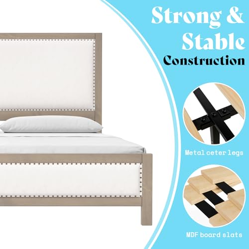 AMERLIFE Queen Upholstered Bed Frame with Headboard - Solid Wood, No Box Spring, Noise-Free, Beige