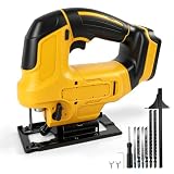 Akku-Stichsäge kompatibel mit DeWalt– Bürstenlose Elektrostichsäge mit 4-stufigem Pendelhub, 0°–45° Gehrungseinstellung, 23 mm Hublänge und 6 Sägeblättern für Holz- und Metallschnitte