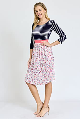 Image of Eloges Women's 3 /4 Sleeve Contrast Waist Band Floral Curved Hem Midi Dress