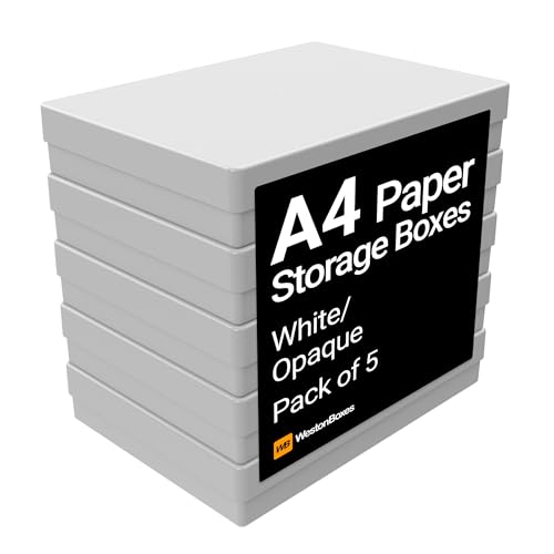 WestonBoxes A4 Opaque and Impact Resistant Craft Storage Boxes with Lids for Art Supplies, Paper and Card - 3.6 litre volume (Opaque White/Pack of 5)