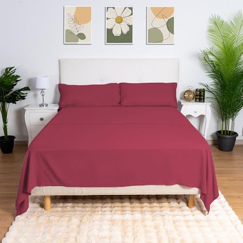 H HANSEL HOME Juego de Sábanas Cama 150, Juego Sábanas 150x190/200cm 4 Piezas, Microfibra Extra Suave, Sábanas Bajera Ajustable, Encimera, 2 Fundas de Almohada - Juego Sabanas Rojo