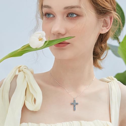 URONE Cross Necklace Sterling Silver Cross Flower Pendant Necklace Christian Religious Vintage Jewelry Gifts for Women2