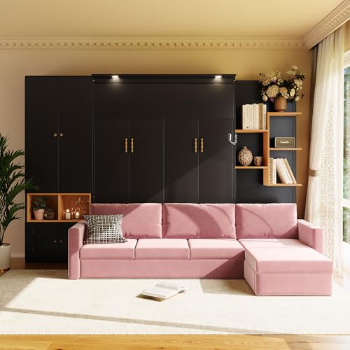 Quarte Queen Size Murphy Bed with Sofa & Storage, Space-Saving Wall Bed, Built-in Shelves & Dua Lights, Modern Design for Apartments, Guest Rooms, Home Offices (Black+Pink Sofa6)
