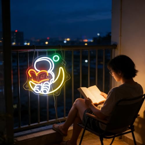 Image of Nordstylee Astronaut Reading on Moon Neon Sign for Kids Room Study - Bookish LED Wall Art, Dimmable USB Space-Themed Decor, Unique Wall Hanging