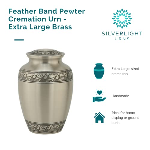 Feather Band Cremation Urn For Ashes In Pewter - Extra Large, Brass, Silver Urn, Extra Large Adult Sized Cremation Urn, 11.5 Inches High #TOP3