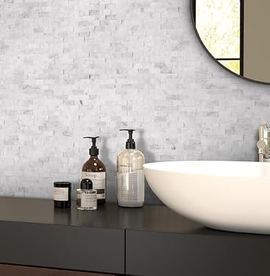 SUNWINGS 5-Sheet Peel and Stick Mosaic Natural 3D Stone Self Adhesive Marble Tiles, 10.63" x 11.22" Stick on Backsplash for Kitchen Bathroom Fireplace Vanity, Mixed Gray