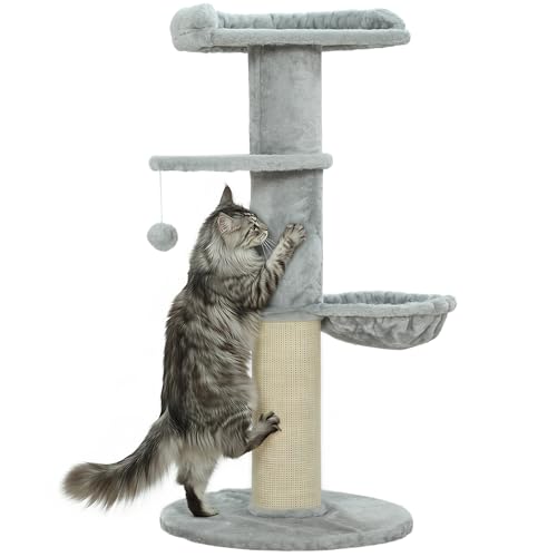 PawHut Kratzbaum 103, 5 cm Katzenbaum mit Hängematte, Bett, Plattform, Katzenkratzbaum mit Sisal- Kratzsäulen, Spielball, für Katzen bis 6 kg, Hellgrau