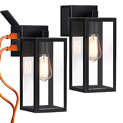 Outdoor Lights with GFCI Outlet, Wall Lantern Porch Light Fixtures Exterior Waterproof Wall Sconce, Clear Glass, Black Wall Lights for House Garage House Outside Garage, 2-Pack