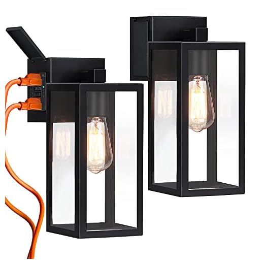 Outdoor Wall Lights with GFCI Outlet, Wall Light Fixture Porch Light Wall Lantern, Waterproof Exterior Wall Sconce, Black Wall Mounted Lighting Black for House Outside Garage, 2-Pack