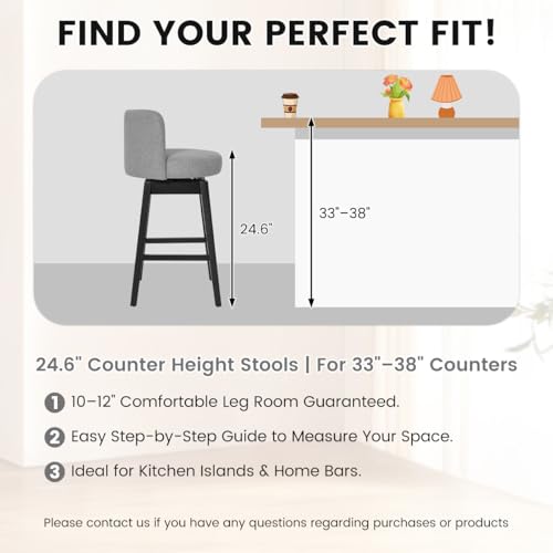Image of COCO DESIGN Swivel Bar Stools Set of 2, 24 inch Counter Height Mid Century Modern Barstools with Back, Linen Upholstered Seat and Solid Wood Legs, for Bar Kitchen Island, Smoke Gray