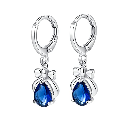 ZQHWYZ 14K White Gold Dangle Earrings for Women, Hoop with Bowknot Waterdrop Lab Sapphire Dangle Earrings for Women White Gold