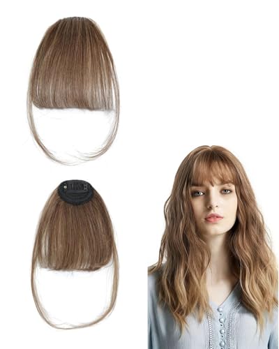 FUGLUS Frange à Clip Cheveux 100% cheveux humains Remy,Extension Postiche French Bangs Invisible 3g pour Femme,Air Bangs avec Temples,Marron Clair