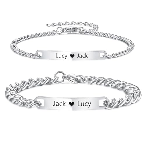 Imagen de INBLUE Personalizado Pareja Pulseras Set Su y Su Grabado Nombre Personalizado Acero Inoxidable Ajustable Cadena Cubana Novio Novia Regalos Relación a Larga Distancia Parejas Regalos C1